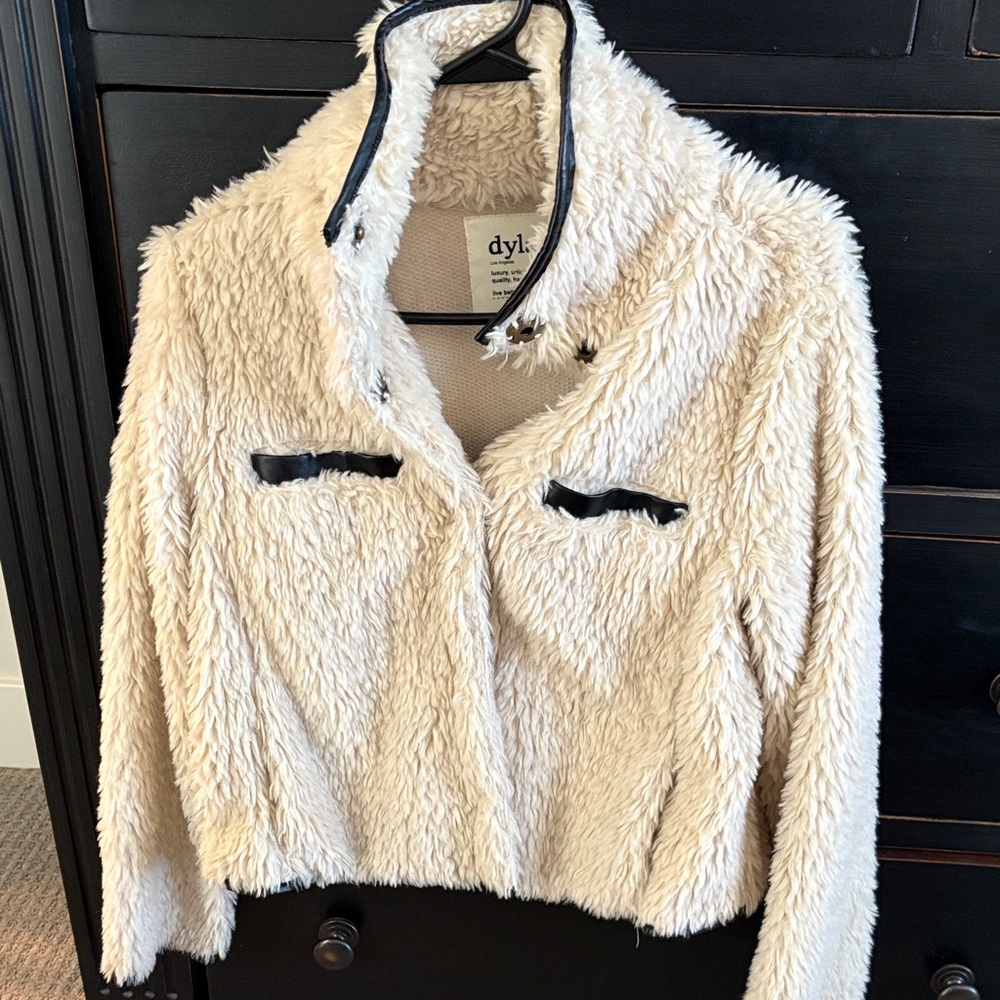Dylan Off-White Teddy Jacket with Black faux leather Accents